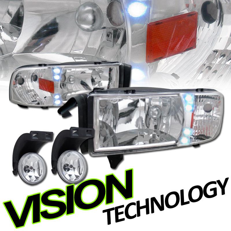 1-piece chrome led head lights+built-in corner+clear fog lamps 99-02 dodge ram