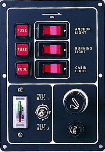 3 gang boat / yacht electrical switch panel fused + battery test + cig. socket