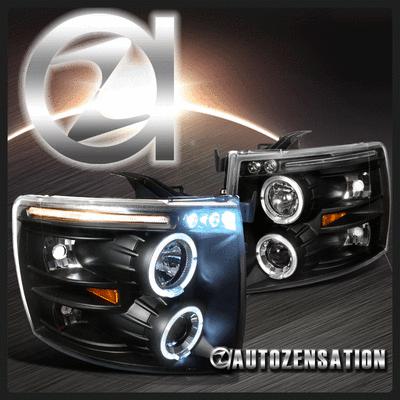 07-12 chevy silverado black led drl halo projector headlights