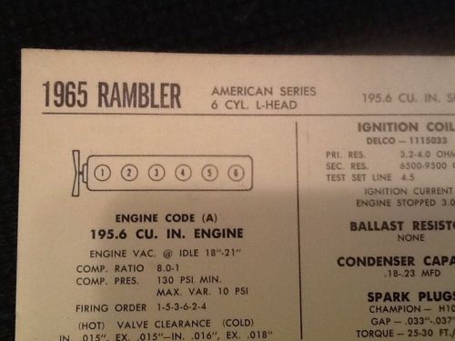Original sun tune up sheet 1965 rambler american 196 ohv 6 cyl nice shop display