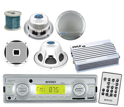 Marine mp3 aux usb silver radio, 5.25&#034; silver speakers &amp; wires, marine amplifier