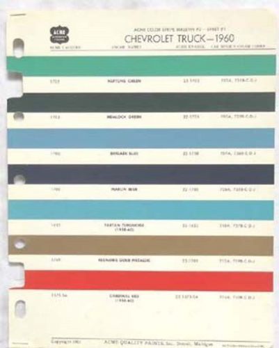 1960  chevrolet truck acme  color paint chip chart all models original