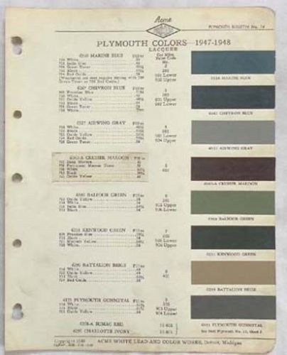 1947 1948 plymouth acme color paint chip chart all models original