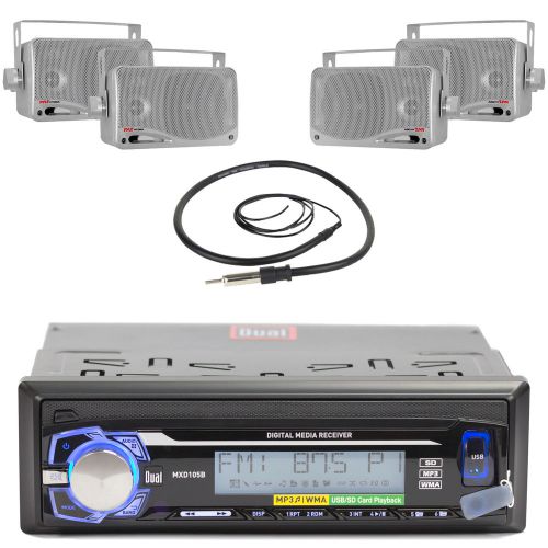 Dual bluetooth usb aux am fm marine radio, antenna,3.5&#034; silver box 200w speakers