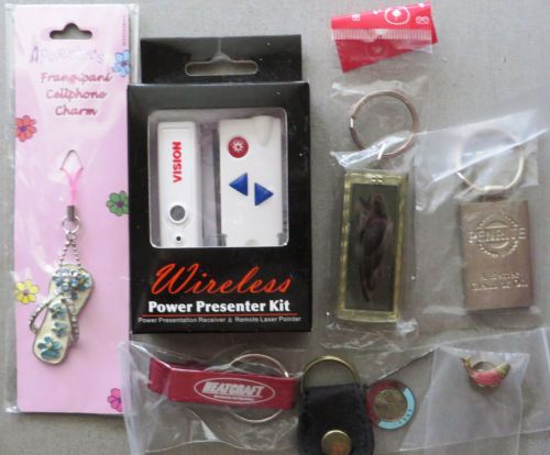 Vintage assortment 5 new keyrings+2 pins(fish+)+wireless power presentation kit