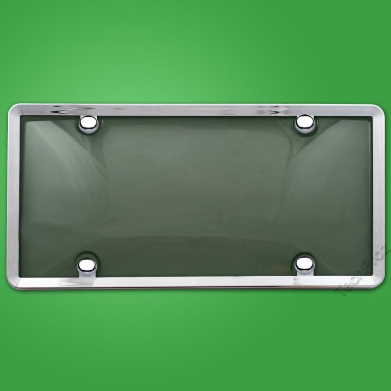 Tinted license plate shield + chrome frame cover tag protector smoke dark black