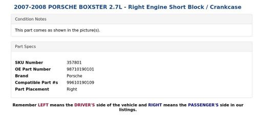 2007-2008 porsche boxster 2.7l - right engine short block / crankcase