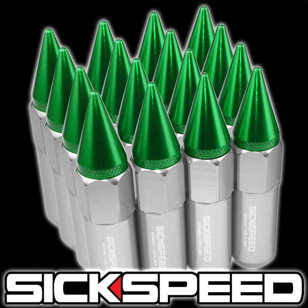 16 polished/green spiked 60mm aluminum extended tuner lug nuts wheel 1/2x20 a