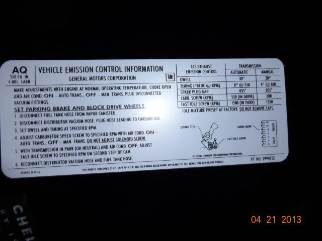 1971 chevy monte carlo-gm vehical emission control info.decal a must for restore
