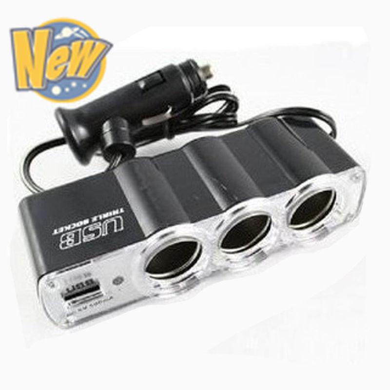 New 3 in 1 12v dc power extension adaptor car cigarette lighter charger usb aa01