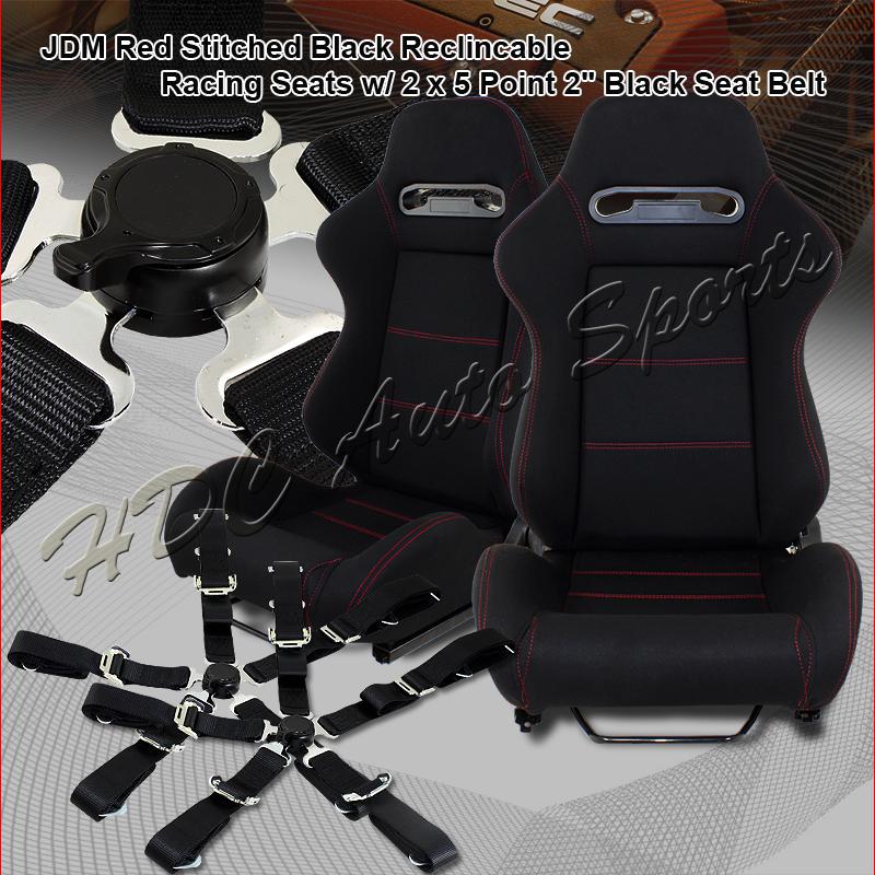 2x black tr style universal jdm reclinable cloth racing seats + black seat belts