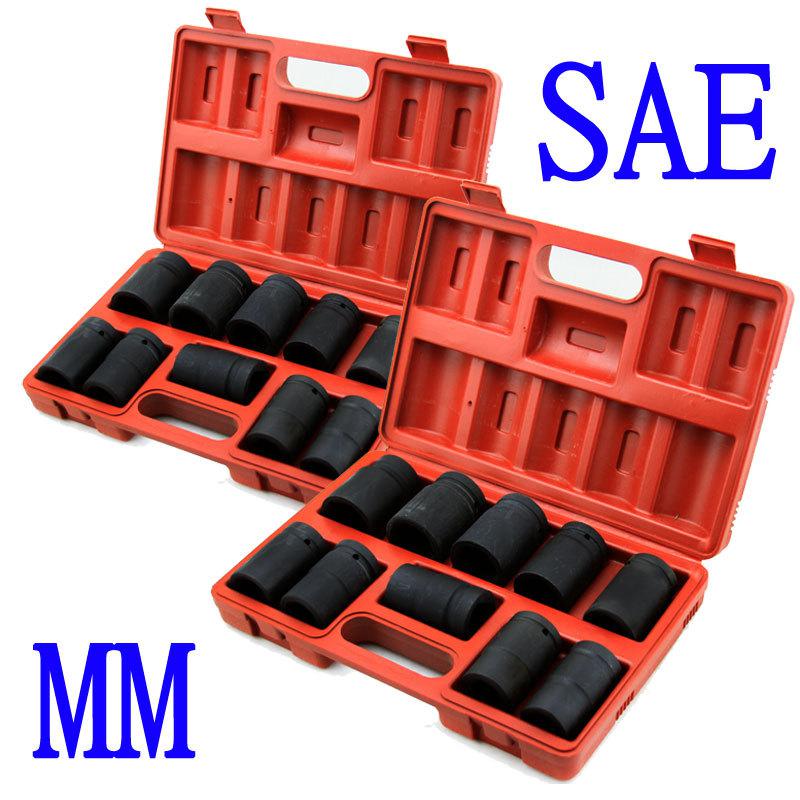 Set sae+mm 18pc 1" shallow black impact sockets set standard size mechanic tools