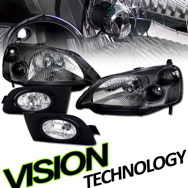 01-03 civic 2dr/4dr blk housing crystal headlights assembly+clear fog lights kit