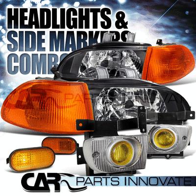 92-95 civic 4dr black headlights+amber corner lamps+flat side markers+fog lights