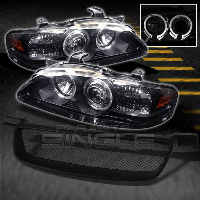 00-03 sentra black halo projector hedlights+black front hood sport mesh grill