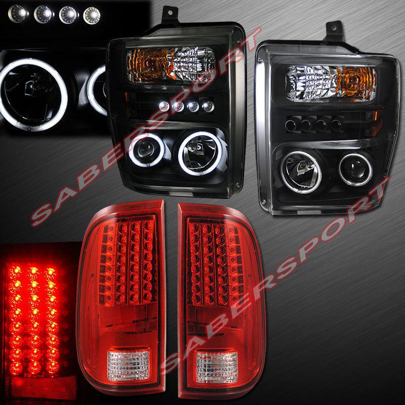 08-10 ford f250 f350 ccfl halo projector headlights black + led tail lights red