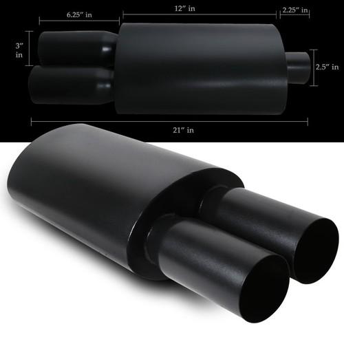 Universal fit 2.5" inlet/3" outlet black dual tip exhaust muffler