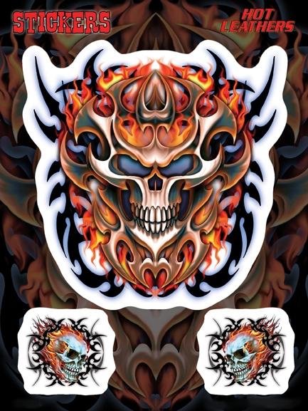 Flaming metal tribal skull 3 sticker/vinyl decal set
