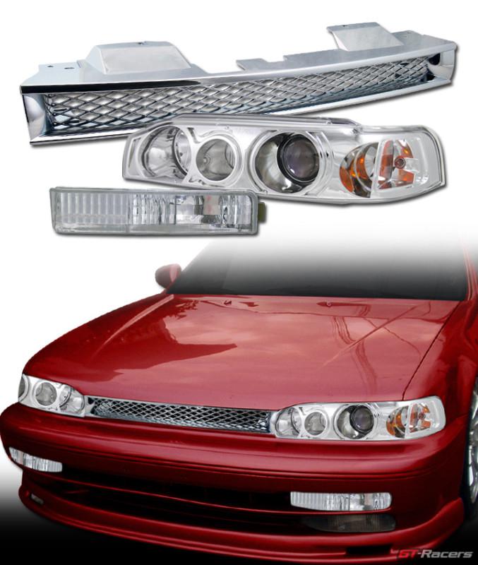 Chrome projector head lights+signal bumper lamps+mesh grill grille 90-91 accord