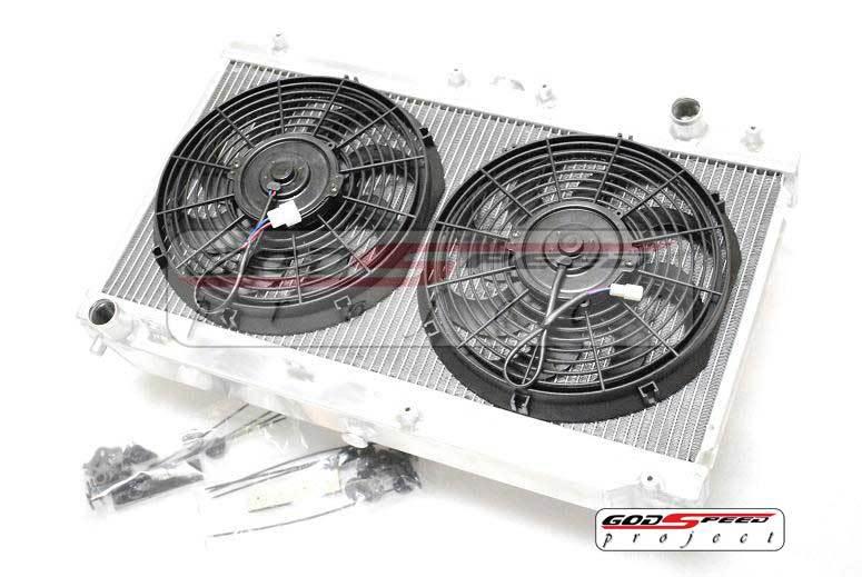 Godspeed 99-05 miata mx5 nb aluminum 2 row radiator+slim fan x 2 (turbo/na)