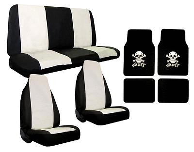 Skull floor mats w/ off-white black faux leather high back bucket seat covers #z