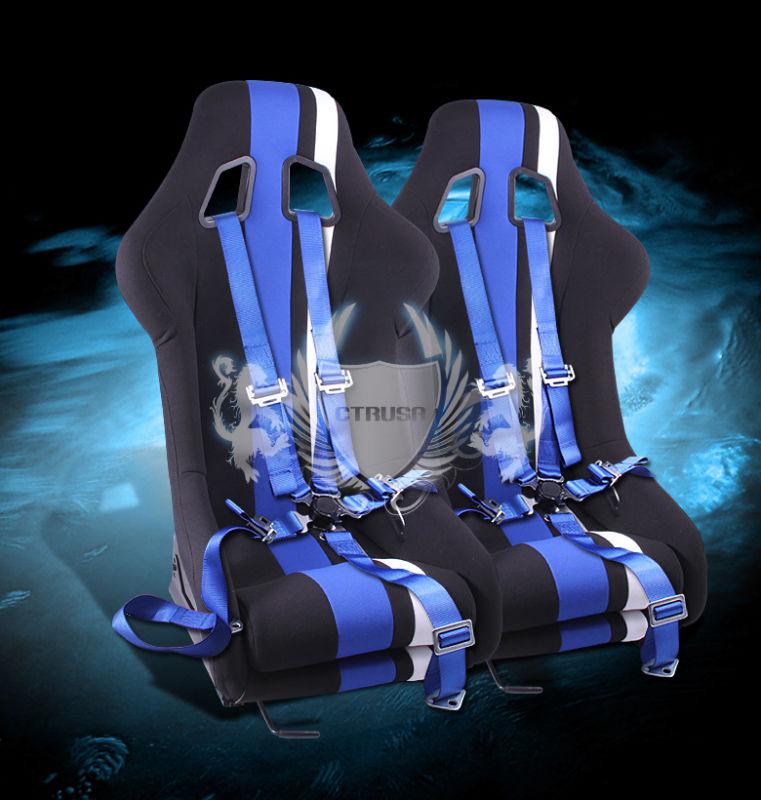 2x jdm f1 black/blue white stripe fabric racing seat w/sliders+5-pt camlock belt