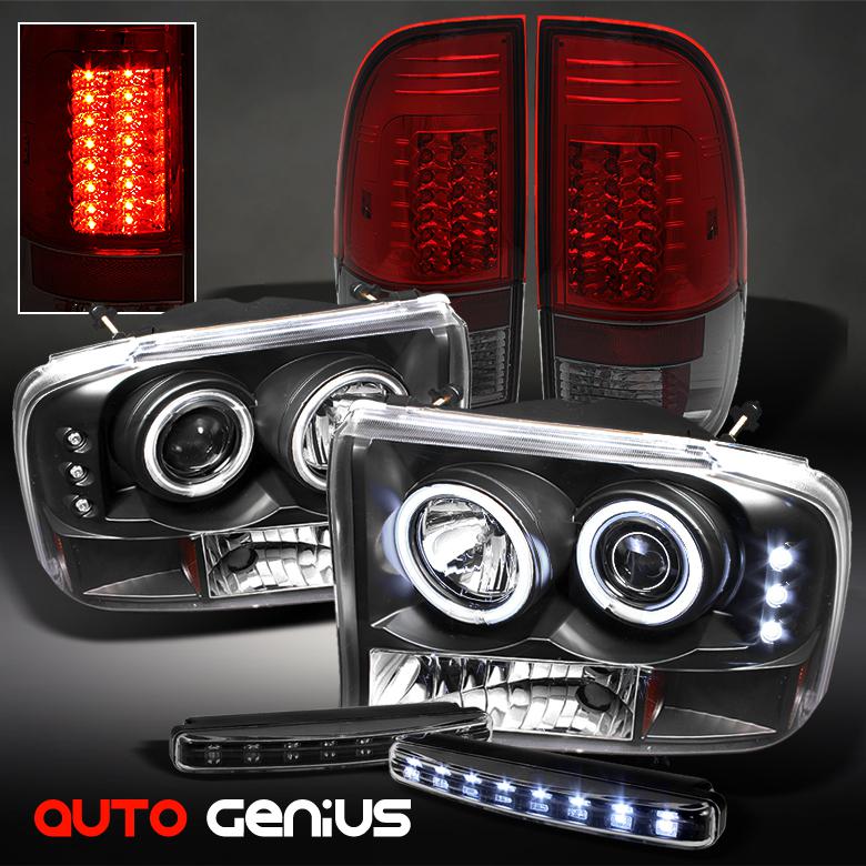 99-04 f2/350 1pc blk ccfl projector headlights + red smoke led tail lights + drl