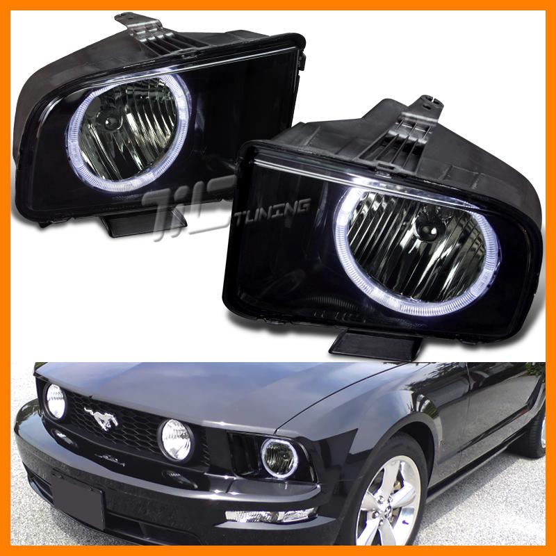 2005-2009 ford mustang black halo drl led headlights smoke lens lamps left+right