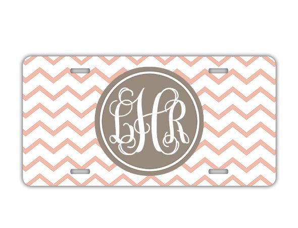 Chevron monogrammed car tag - coral pink w tan monogram chevron car tag (9705)