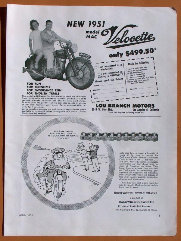 Lg165   1951 velocette mac 1/2 page ad / backside for harley accessories!