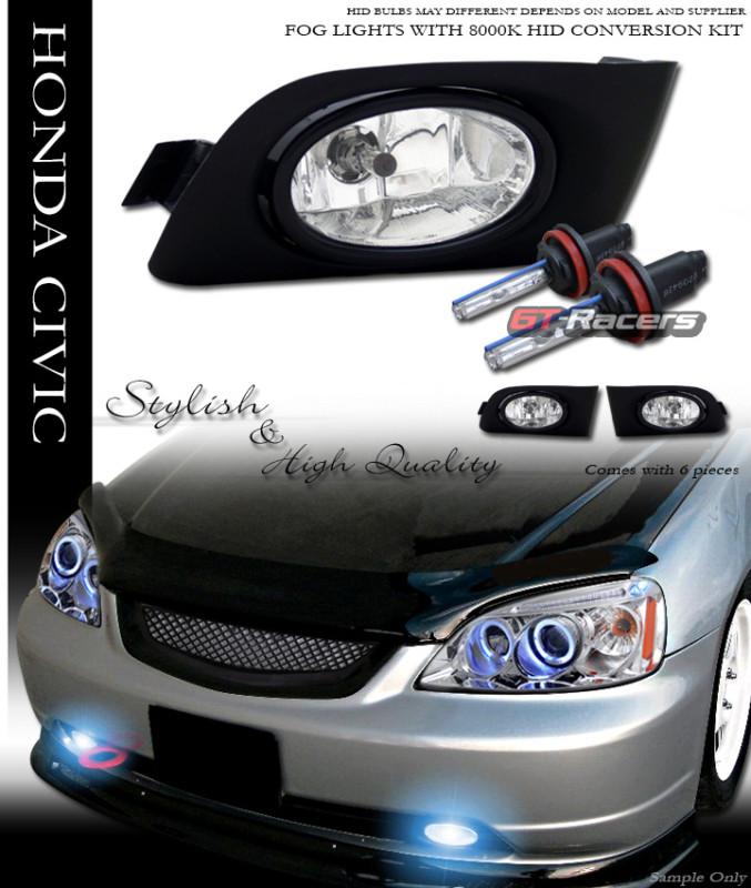 8k hid xenon w/ sport clear front bumper fog lights+switch 01+ civic coupe/sedan