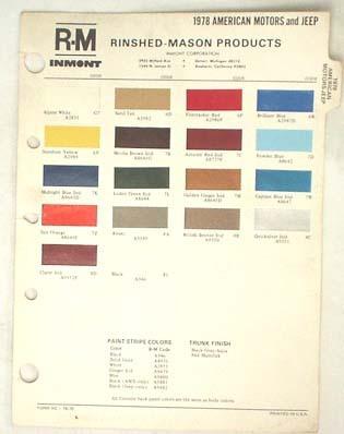 1978 amc r-m color paint chip chart jeep pacer  matador gremlin concord