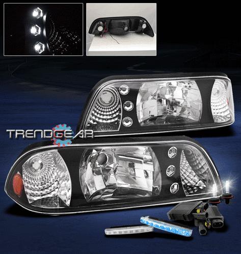 87-93 ford mustang led black crystal 2in1 head lights+blue drl kit+6000k hid set