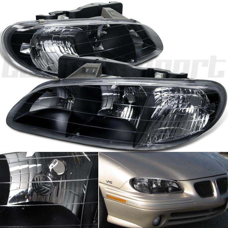 96-98 pontiac grand am gt se sport black head lights lamps set pair clear signal