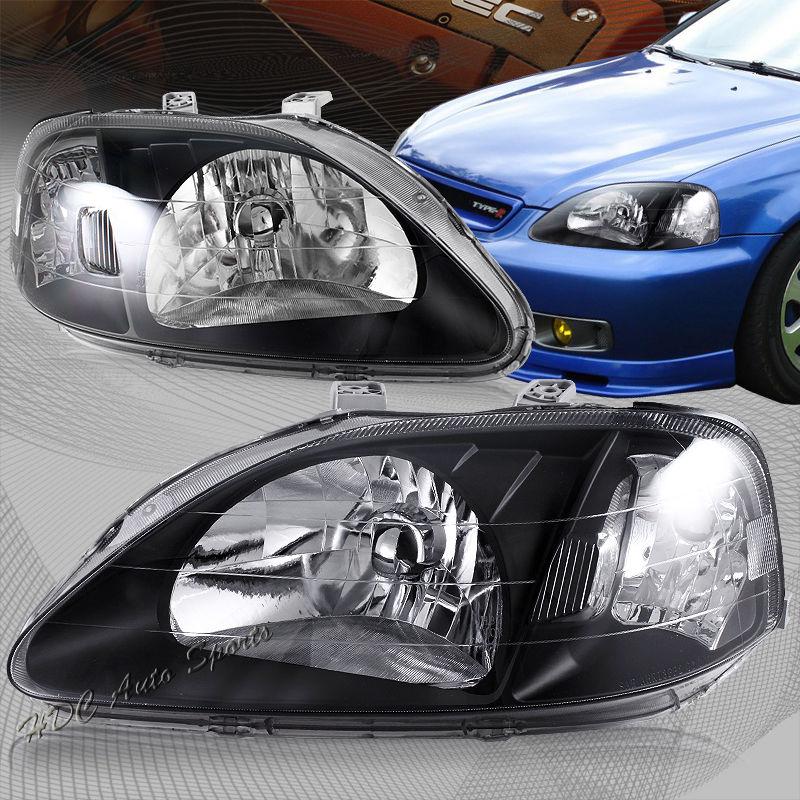 1999-2000 honda civic black housing clear lens clear reflector headlight lamps