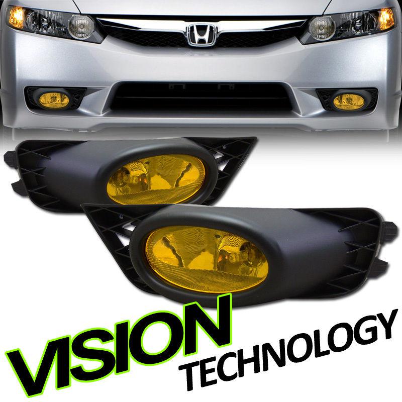 09-11 civic 4d/4dr jdm yellow lens driving/bumper fog lights lamps+switch lh+rh