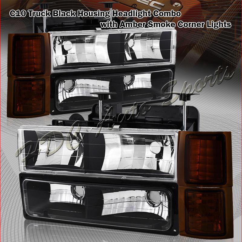 1995-1998 chevy c10 truck black headlight lamps+bumper+smoke amber corner lights