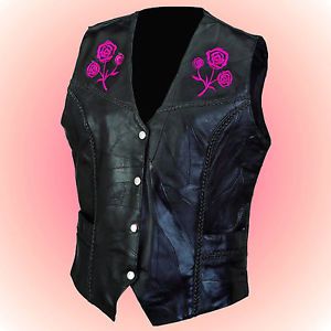 Ladies rose leather motorcycle biker vest--size 3x--great vest w/ braided trim