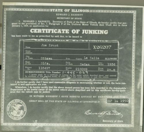 Rare 1940 pontiac t sedan certificate of junking state issued document