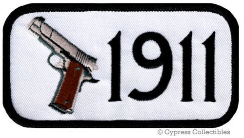 1911 gun patch - armed biker emblem iron-on embroidered semi auto pistol - white