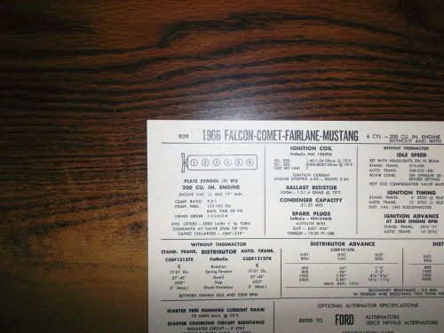 1966 ford falcon, fairlane, mustang &amp; mercury comet six 200 ci l6 tune up chart