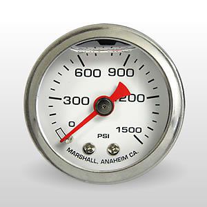0-1500 psi marshall gauge 1.5&#034; diameter liquid 1/8&#034;  white fuel pressure gauge
