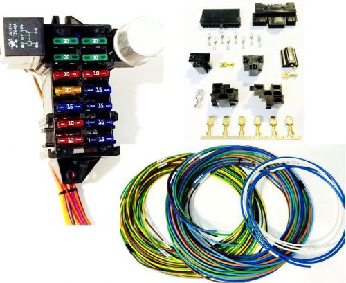 Street rod universal 14 fuse 12-14 circuit wire harness with connectors