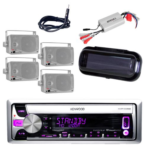 Kenwood new marine cd radio aux input w/4 box speakers, 800w amp, cover, antenna