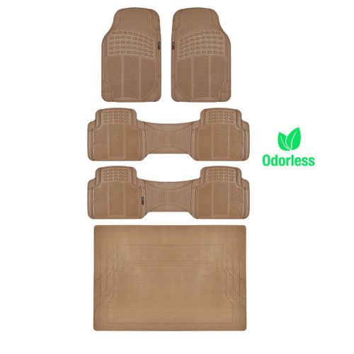 Set of 5 rubber floor mats front pair runners trunk cargo liner motortrend beige