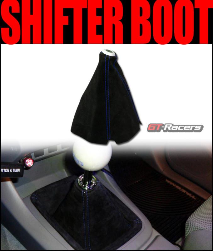 Universal blue stitch black suede shifter shift gear boot cover manual/auto jdm