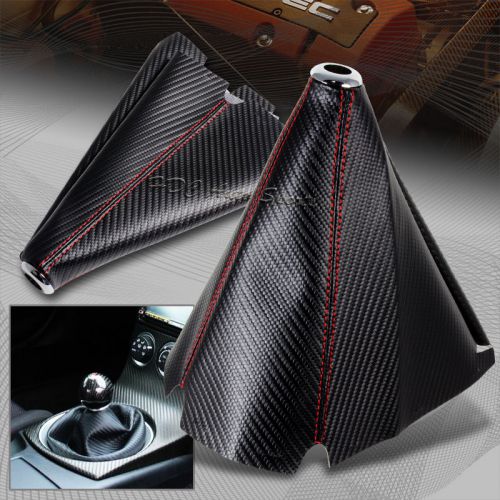 Jdm carbon style red stitch leather gear manual shifter shift boot universal 4