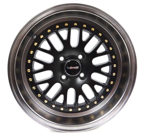 4x  15x8 matte black gray lip vms racing manta  wheels 4x100 et0 gold screws jdm