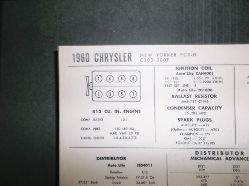 1960 chrysler eight new yorker &amp; 300 models 413 cubic inch v8 tune up chart