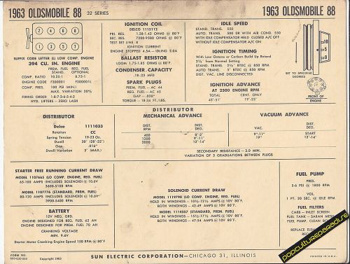 1963 oldsmobile 88 32 series 394 ci v8 engine car sun electronic spec sheet